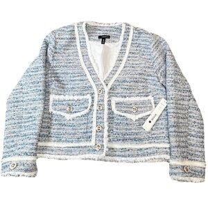 Aqua Blue & White Tweed Cropped Blazer